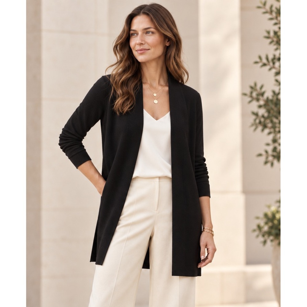 Eileen Fisher 100% Merino Wool Long Cardigan XXS Black Cozy Quiet Luxury